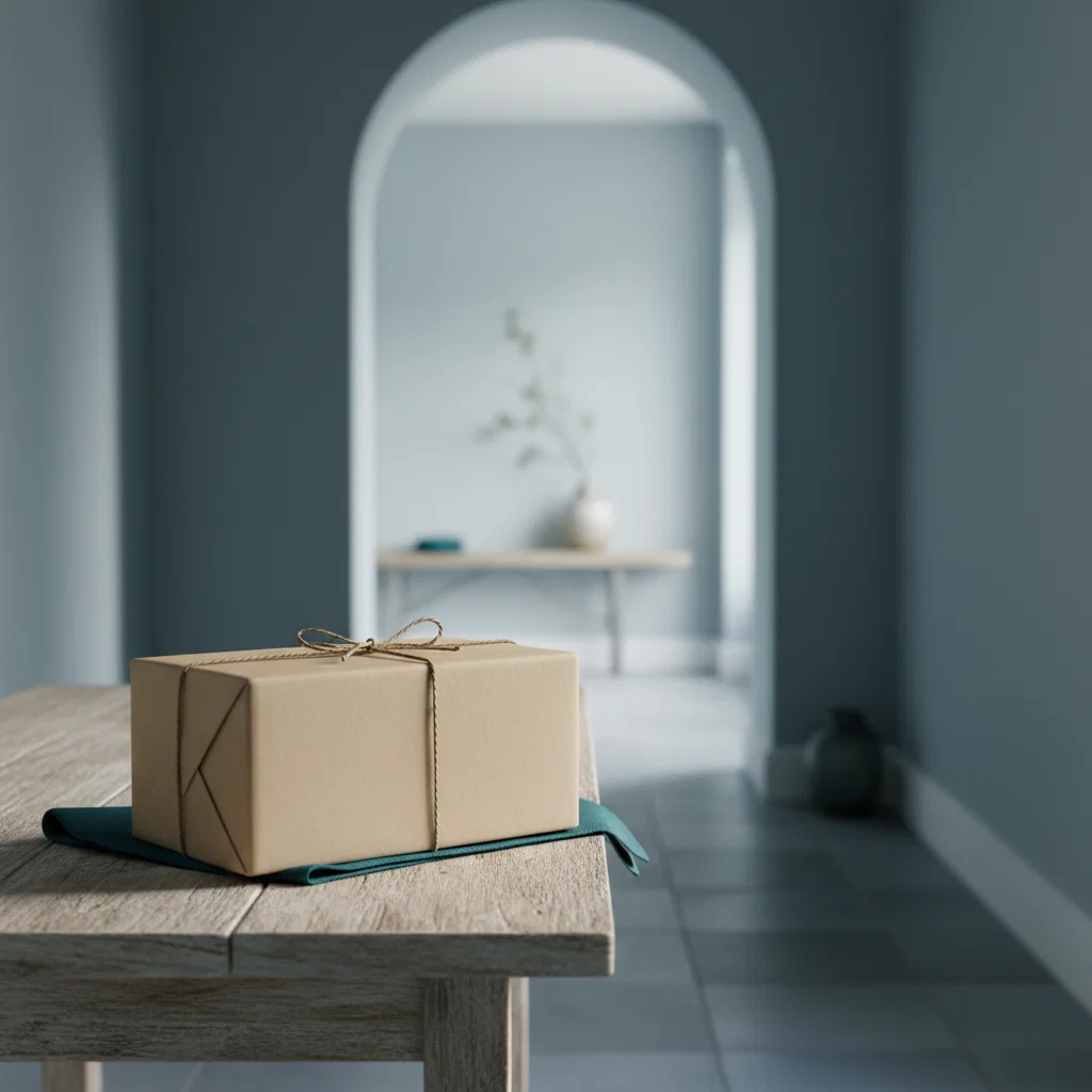 A neat kraft paper parcel box placed on a wooden table near a bright front door