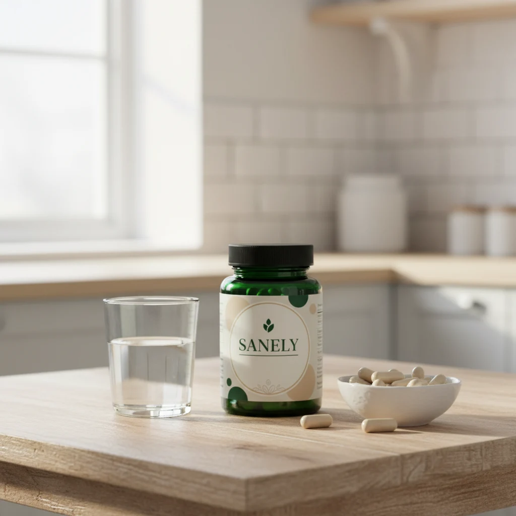 Sanely supplement jar on a bright kitchen table beside a glass of water and scattered green leaves